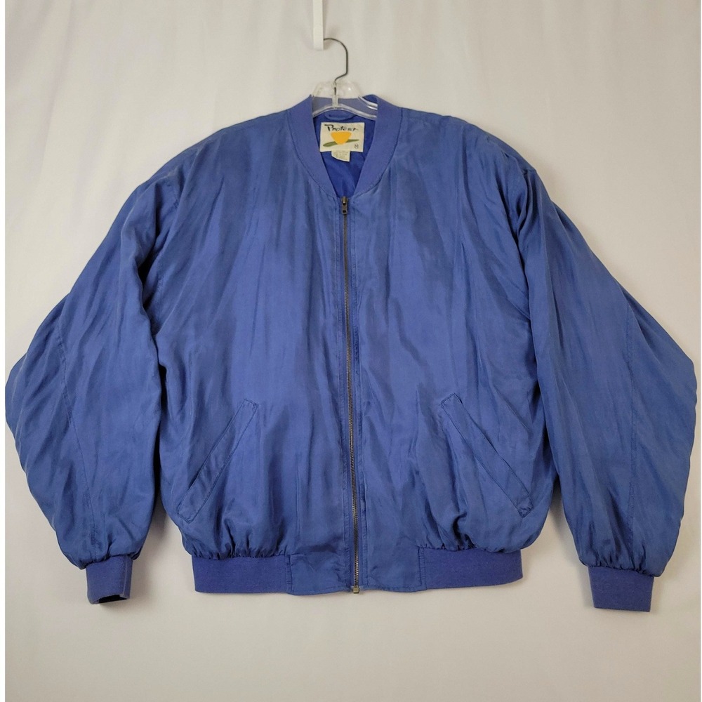 Vintage Protest Blue 100% Silk Bomber Jacket Mens Medium Full Zip Retro 1980s